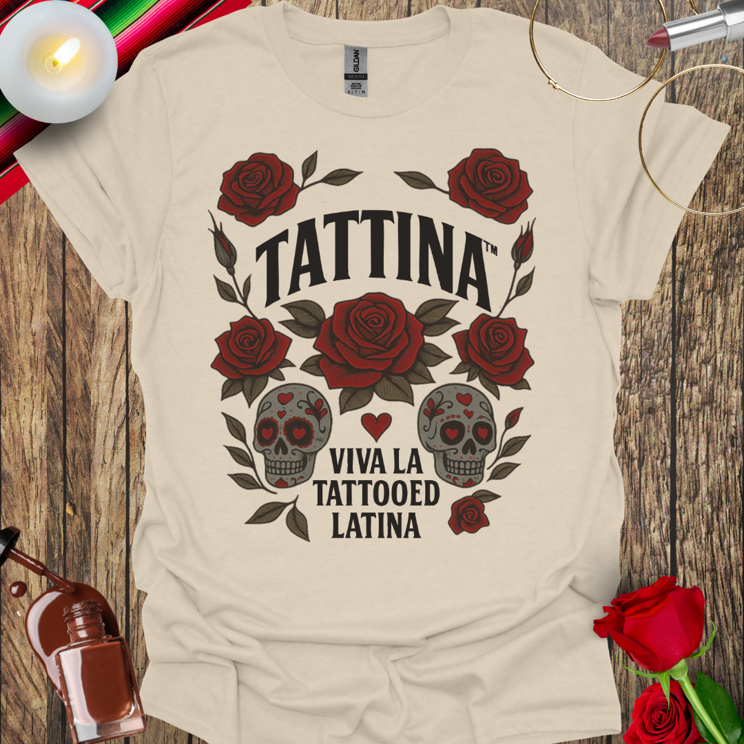 TATTINA™ Viva La Tattooed Latina – Sugar Skulls & Roses T-Shirt (Dark Print) More Colors Available