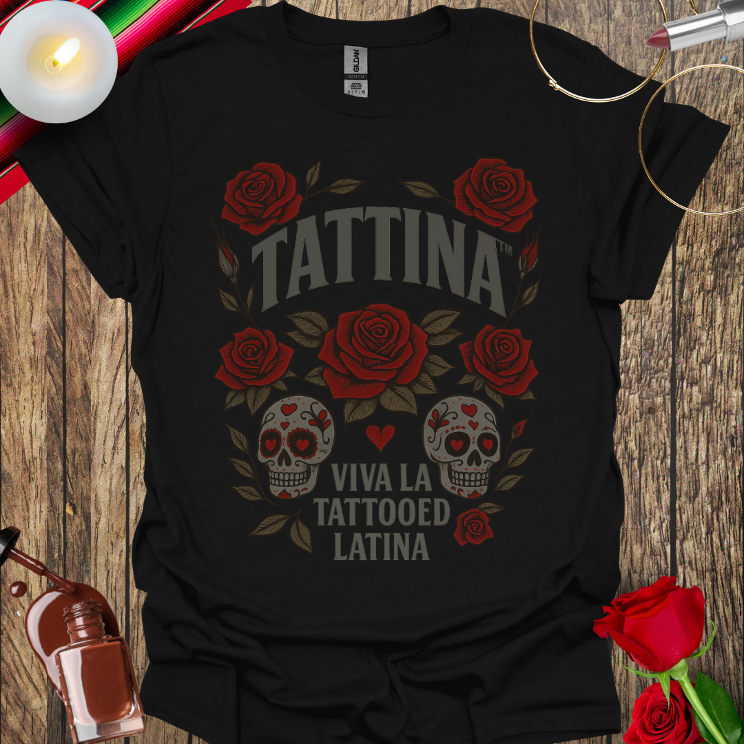 TATTINA™ Viva La Tattooed Latina - Sugar Skulls & Roses Black T-Shirt