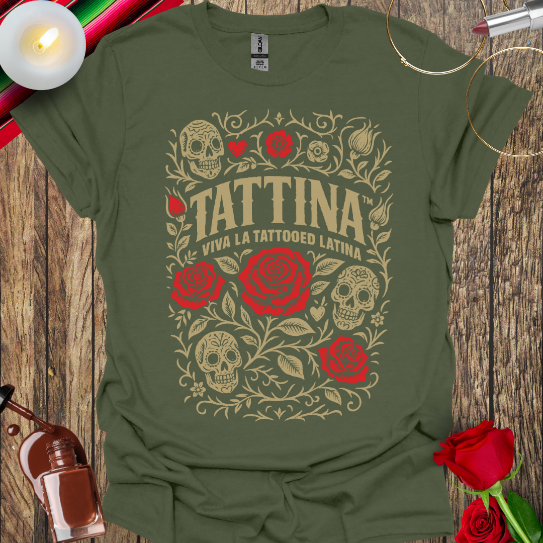 TATTINA™ Viva La Tattooed Latina – Roses & Skulls Heritage T-Shirt (Light Print) More Colors Available