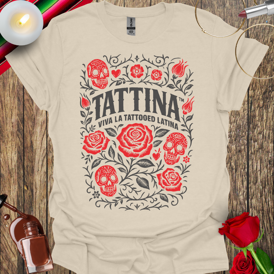 TATTINA™ Viva La Tattooed Latina – Roses & Skulls Heritage T-Shirt (Dark Print) More Colors Available