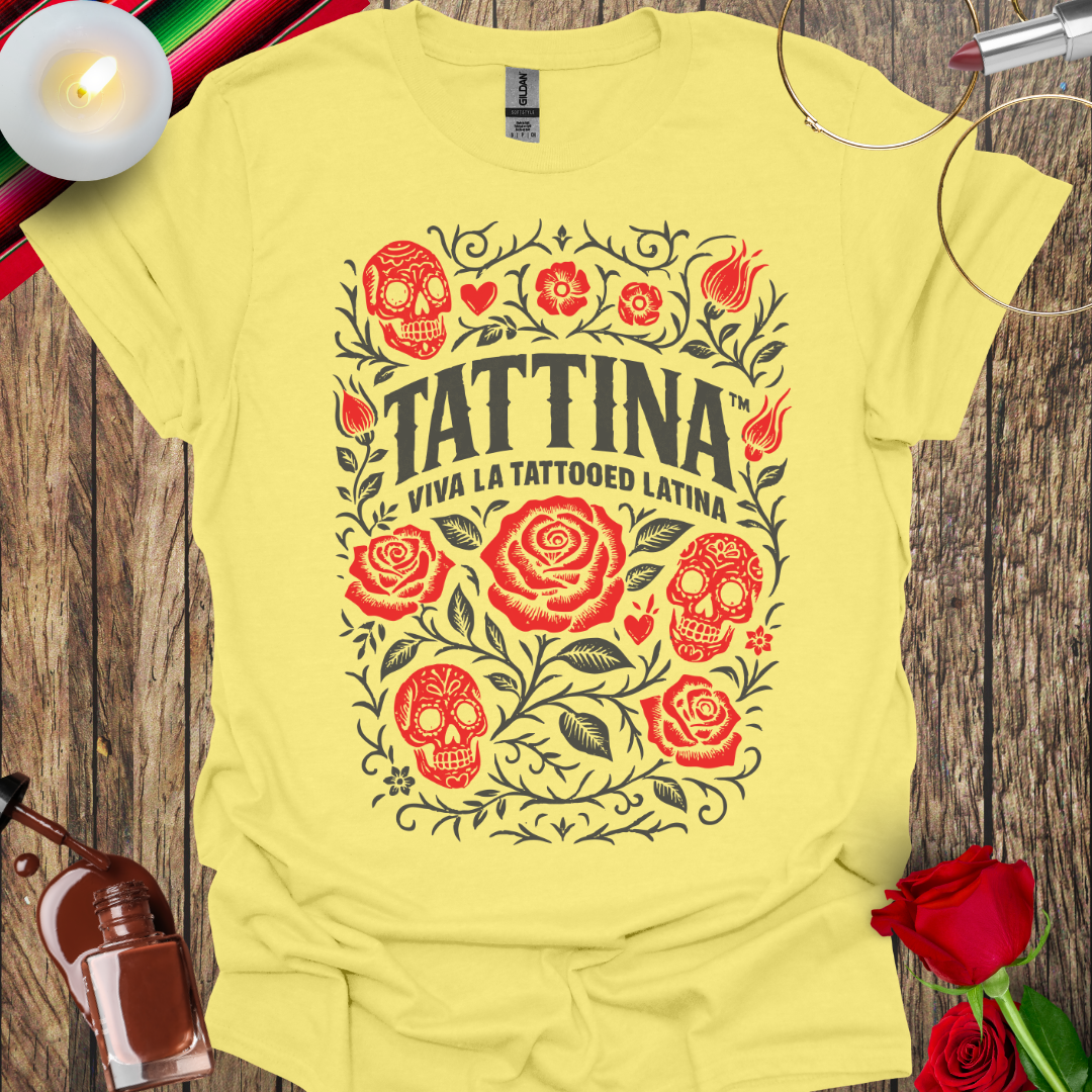 TATTINA™ Viva La Tattooed Latina – Roses & Skulls Heritage T-Shirt (Dark Print) More Colors Available