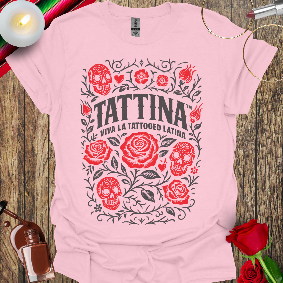 TATTINA™ Viva La Tattooed Latina – Roses & Skulls Heritage T-Shirt (Dark Print) More Colors Available