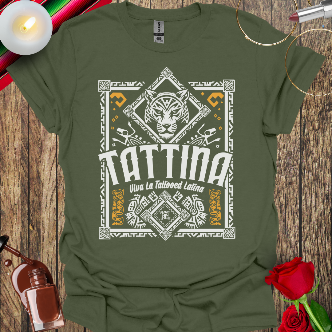 TATTINA™ Viva La Tattooed Latina – Aztec Jaguar & Tribal Pattern T-Shirt (Light Print) More Colors Available