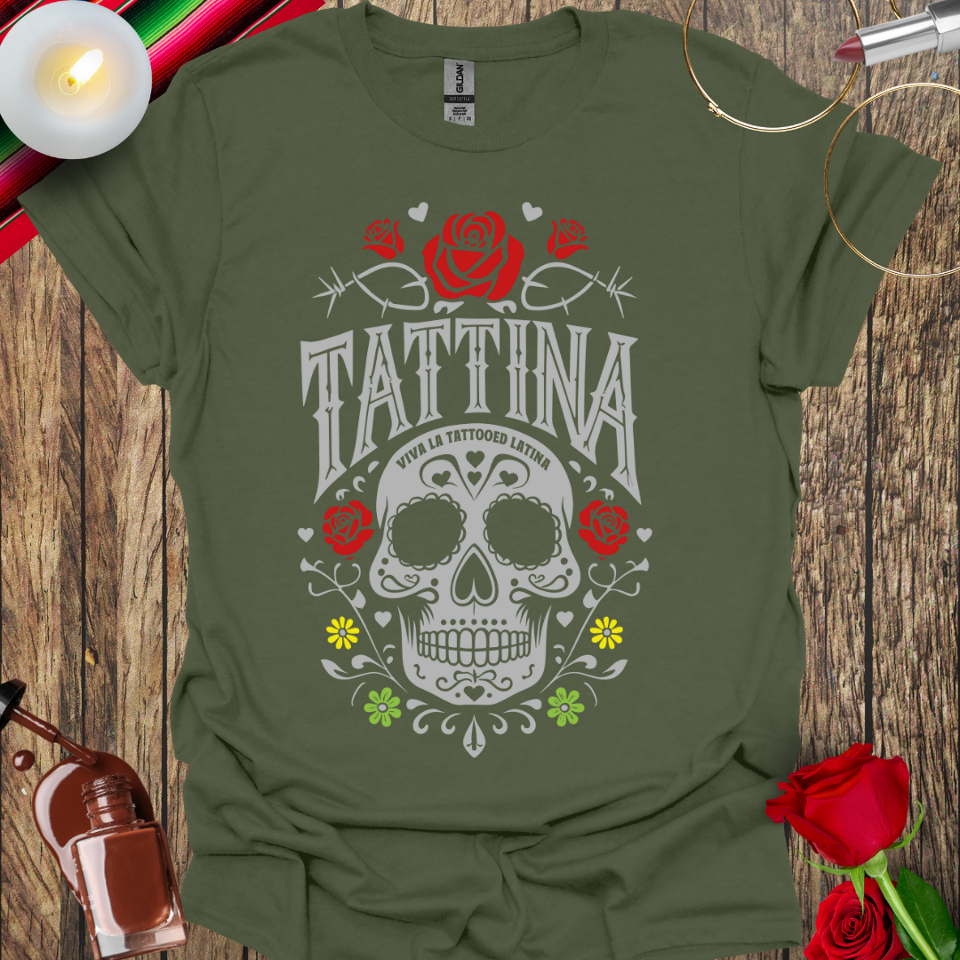 TATTINA™ Viva La Tattooed Latina – Sugar Skull & Roses T-Shirt (Light Print) More Colors Available