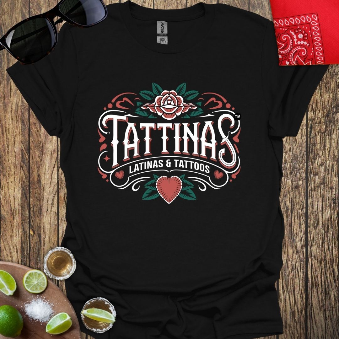 TATTINAS™ Latinas & Tattoos - Rose & Heart Design - Black T-Shirt