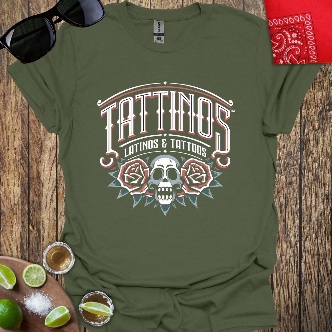 TATTINOS™ Latinos & Tattoos - Roses & Skull Logo T-Shirt - More Colors Available
