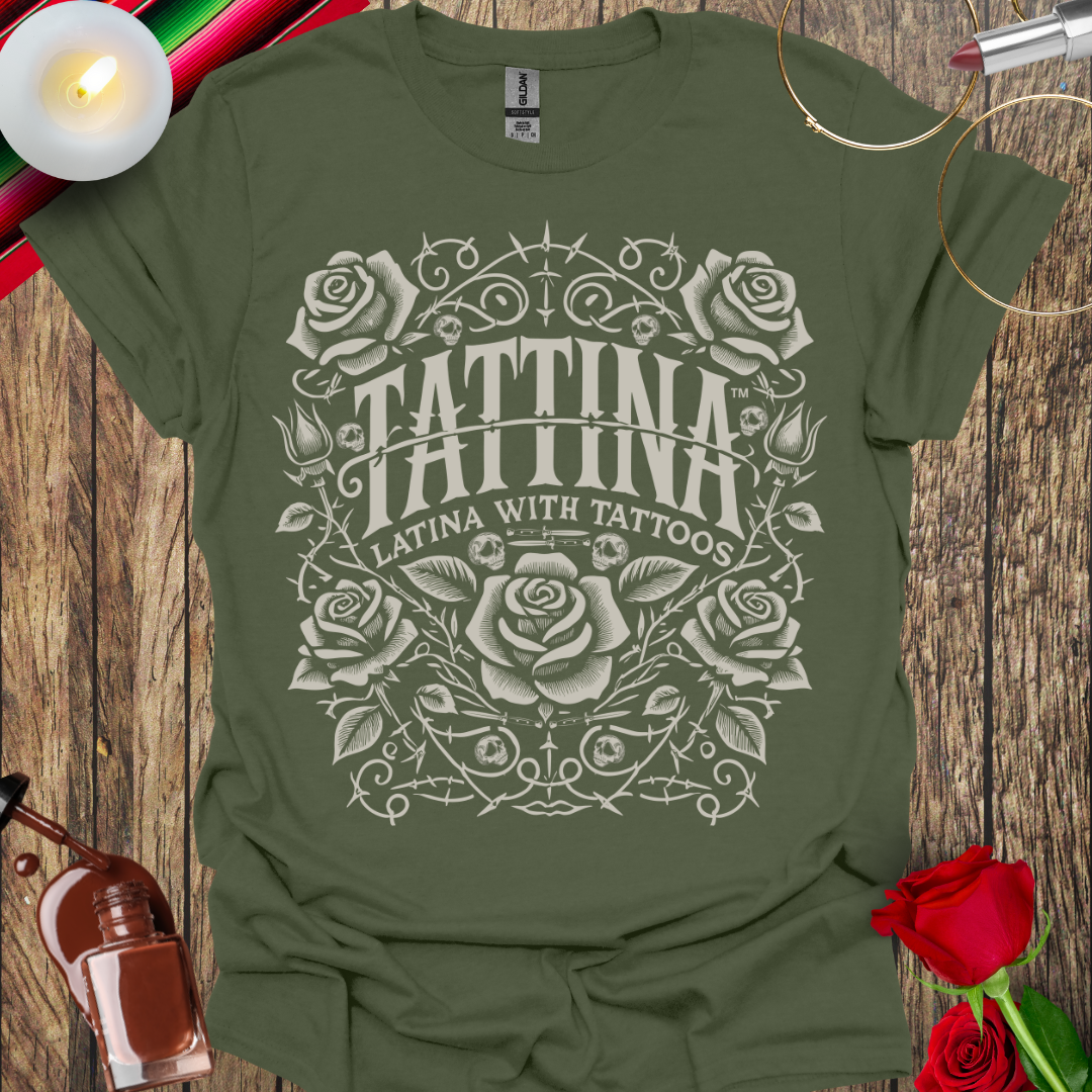 TATTINA™ Latina with Tattoos – Rose and Thorns T-Shirt (Light Gray Print) More Colors Available