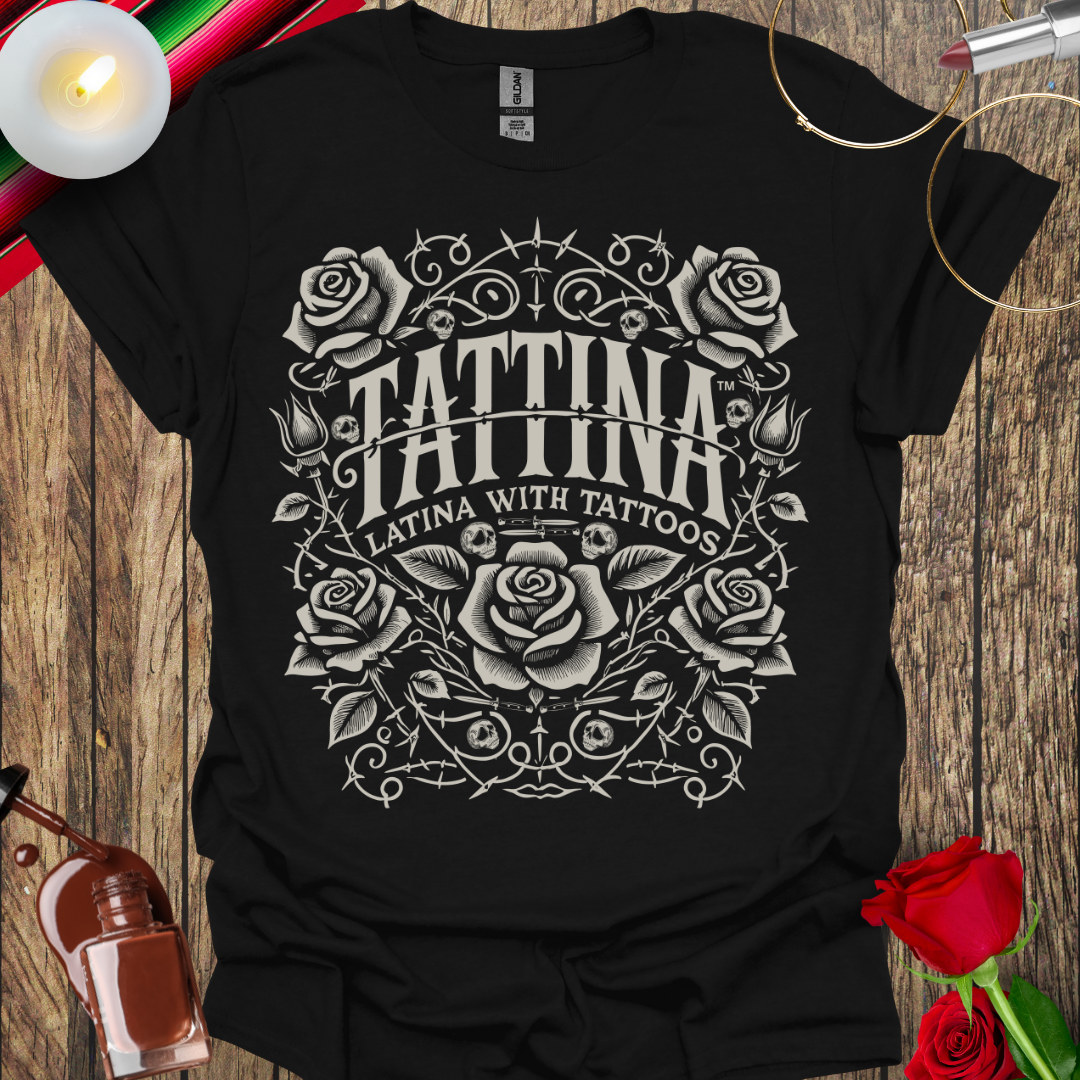 TATTINA™ Latina with Tattoos – Rose and Thorns T-Shirt (Light Gray Print) More Colors Available