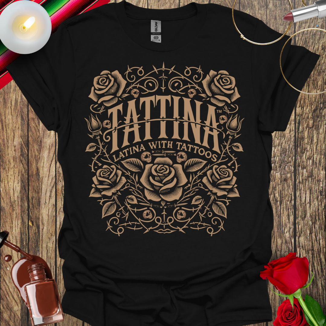 TATTINA™ Latina with Tattoos – Rose and Thorns T-Shirt (Light Tan Print) More Colors Available