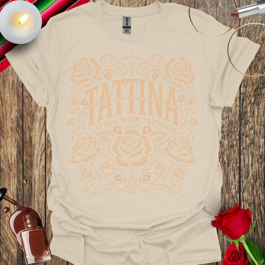 TATTINA™ Latina with Tattoos – Rose and Thorns T-Shirt (Light Tan Print) More Colors Available