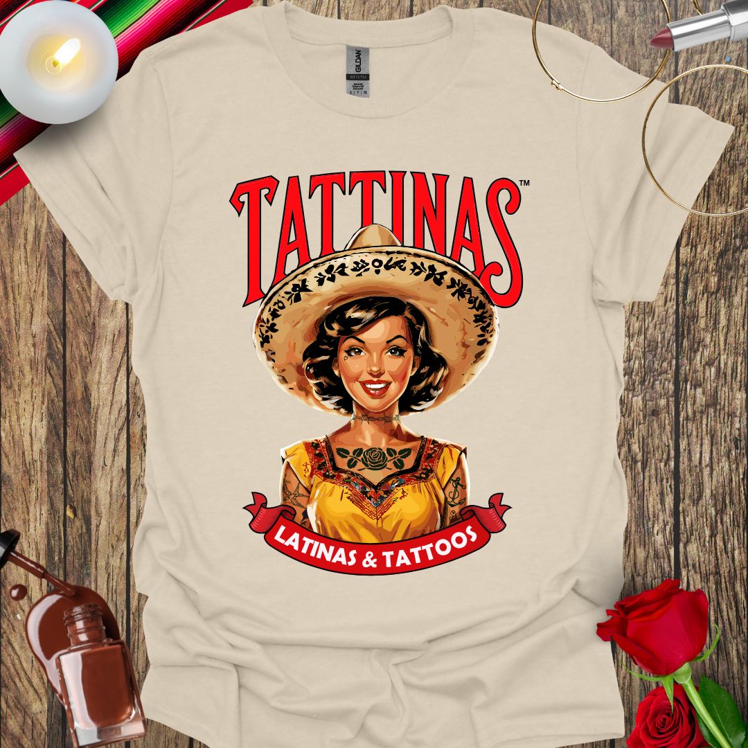 TATTINAS™ Latinas & Tattoos - Classic Portrait Parody T-shirt (Black Outline) More Colors Available