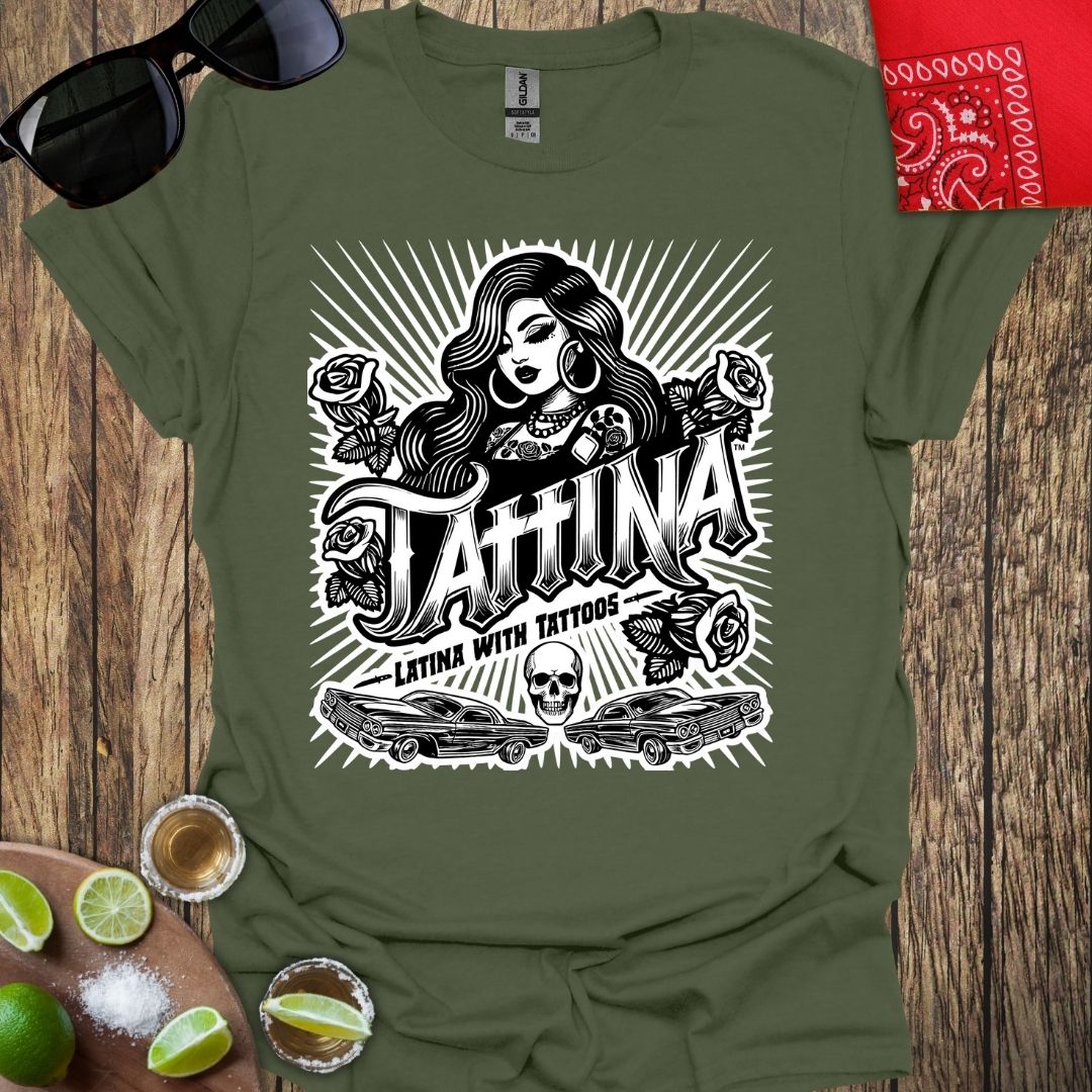TATTINA™ Latina with Tattoos - Chola Style with Cars T-shirt (Light Print) More Colors Available