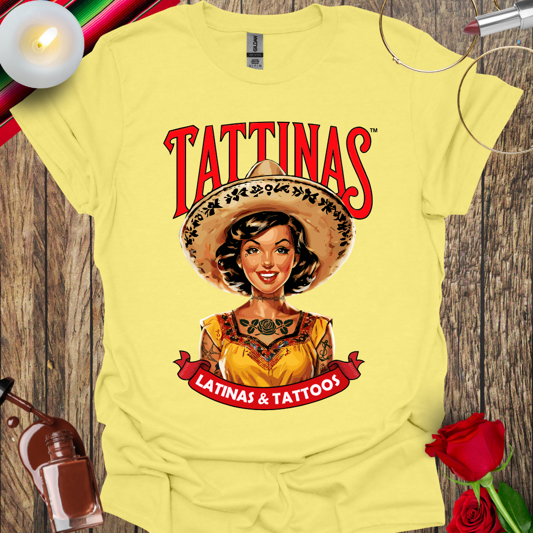 TATTINAS™ Latinas & Tattoos - Classic Portrait Parody T-shirt (Black Outline) More Colors Available