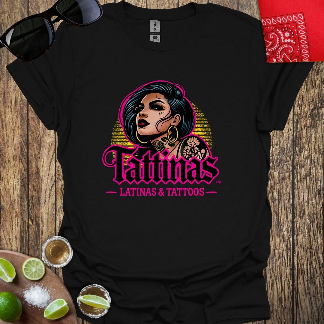 TATTINAS™ Latinas & Tattoos - Classic Chola Portrait - Black T-shirt (Purple Outline & Text)