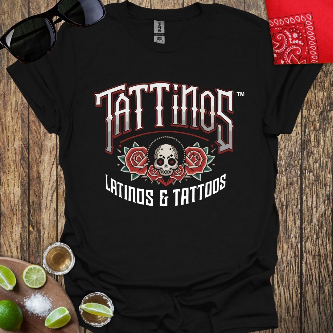TATTINOS™ Latinos & Tattoos - Skull with Roses Black T-Shirt (Style 2) More Colors Available