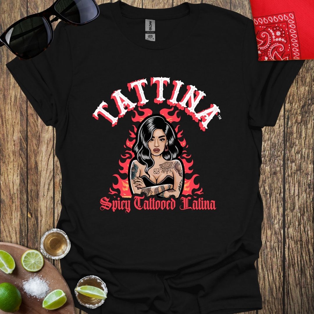 TATTINA™ Spicey Tattooed Latina with Flames - Black T-Shirt