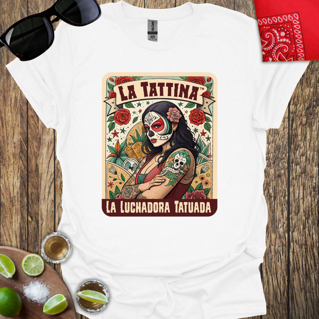 LA TATTINA™ - La Luchadora Tatuada Loteria Card Style T-Shirt - More Colors Available