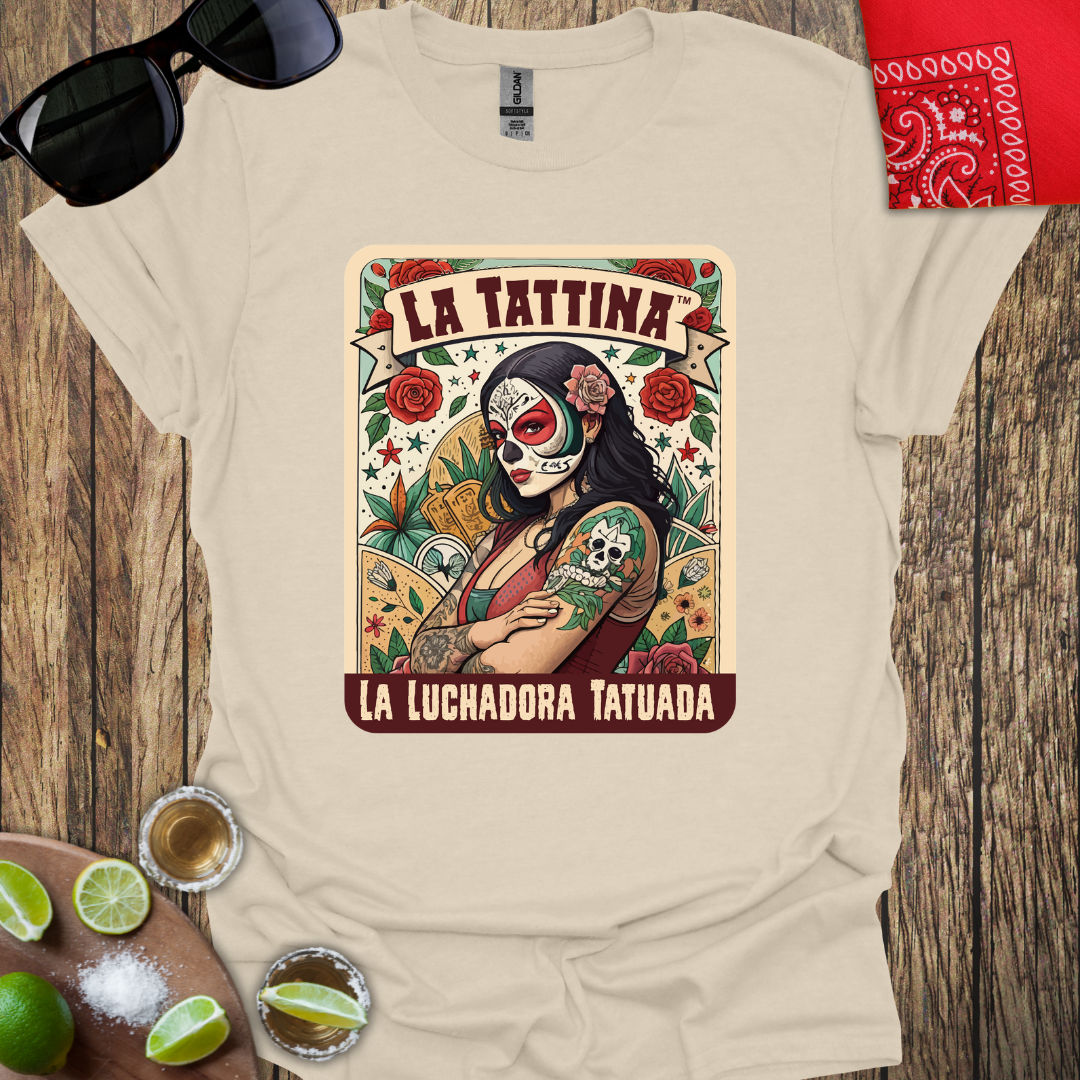 LA TATTINA™ - La Luchadora Tatuada Loteria Card Style T-Shirt - More Colors Available