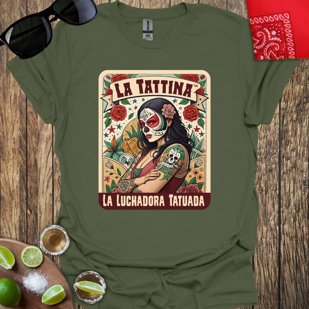 LA TATTINA™ - La Luchadora Tatuada Loteria Card Style T-Shirt - More Colors Available