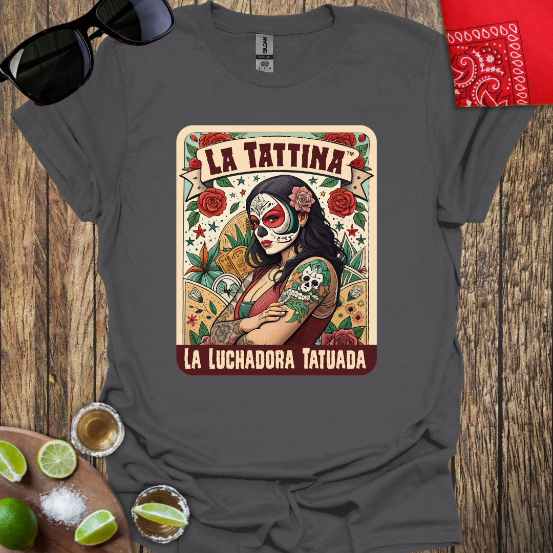 LA TATTINA™ - La Luchadora Tatuada Loteria Card Style T-Shirt - More Colors Available