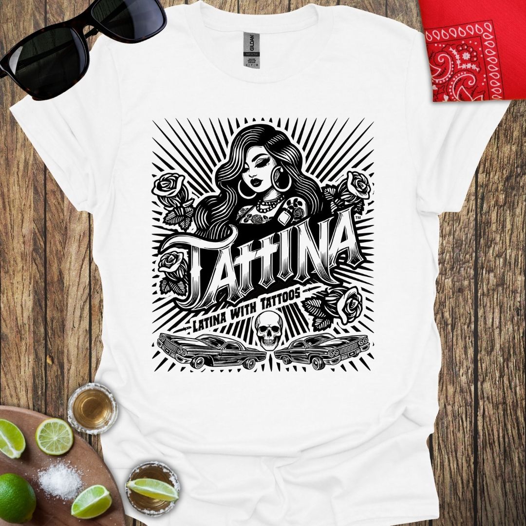 TATTINA™ Latina with Tattoos - Chola Style with Cars T-shirt (Dark Print) More Colors Available