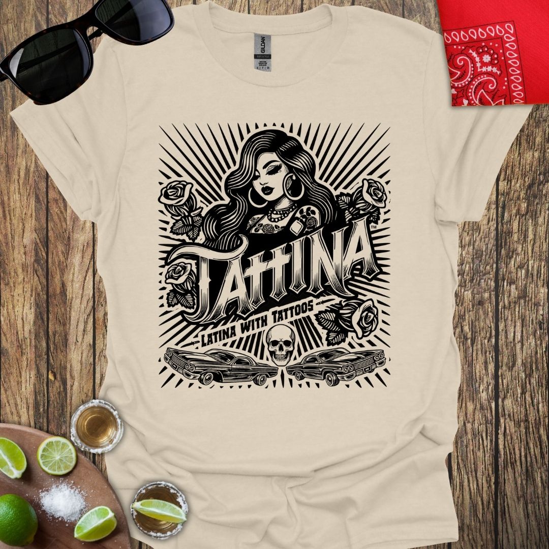 TATTINA™ Latina with Tattoos - Chola Style with Cars T-shirt (Dark Print) More Colors Available