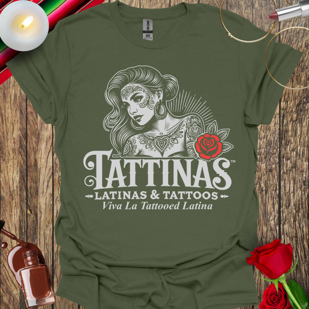 TATTINAS™ Latinas & Tattoos – Classic Portrait with Rose – Viva La Tattooed Latina Edition T-Shirt (Light Print) More Colors Available