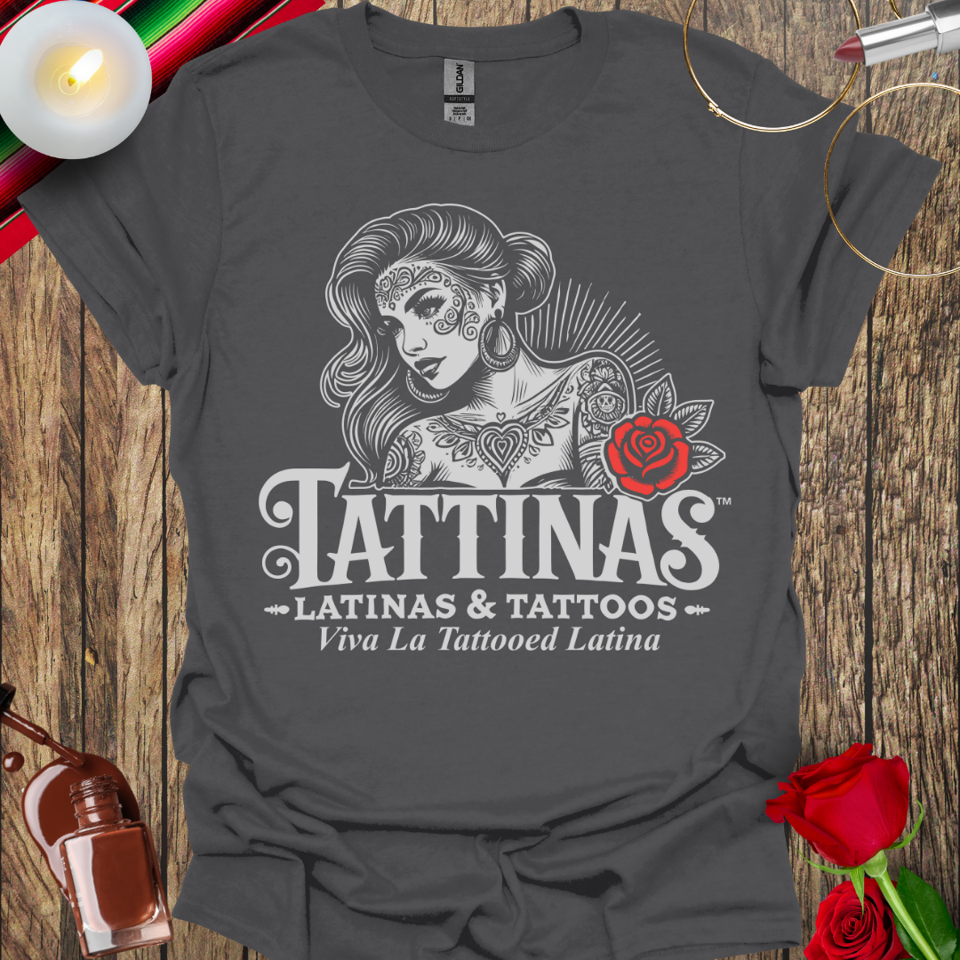 TATTINAS™ Latinas & Tattoos – Classic Portrait with Rose – Viva La Tattooed Latina Edition T-Shirt (Light Print) More Colors Available