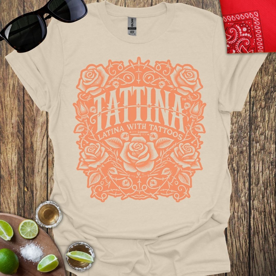 TATTINA™ Latina with Tattoos - Rose and Thorns T-Shirt (Mustard Print) More Colors Available