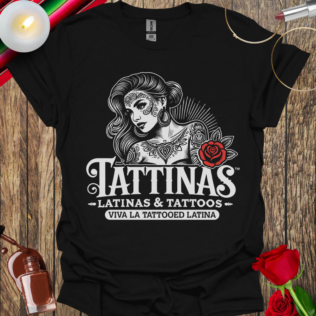 TATTINAS™ Latinas & Tattoos – Classic Portrait with Rose Viva La Tattooed Latina Highlight Edition T-Shirt (Light Print) More Available Colors