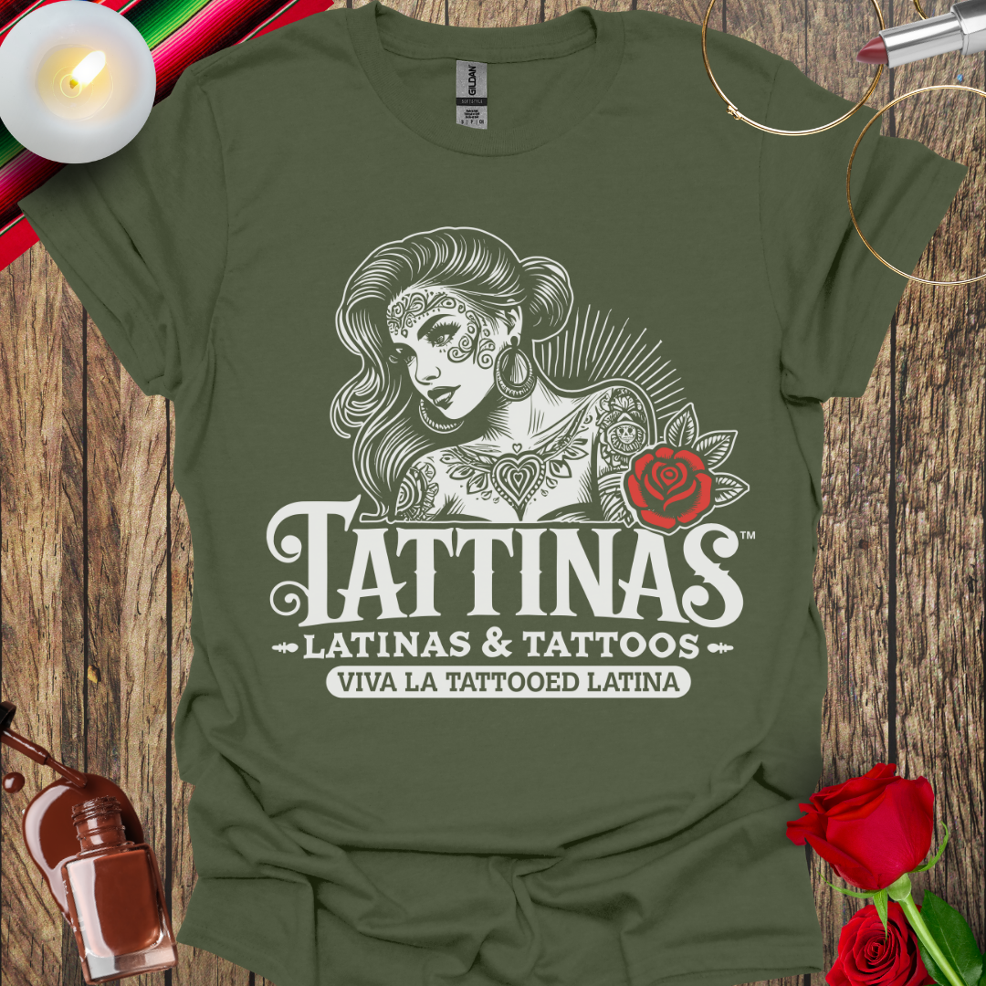 TATTINAS™ Latinas & Tattoos – Classic Portrait with Rose Viva La Tattooed Latina Highlight Edition T-Shirt (Light Print) More Available Colors