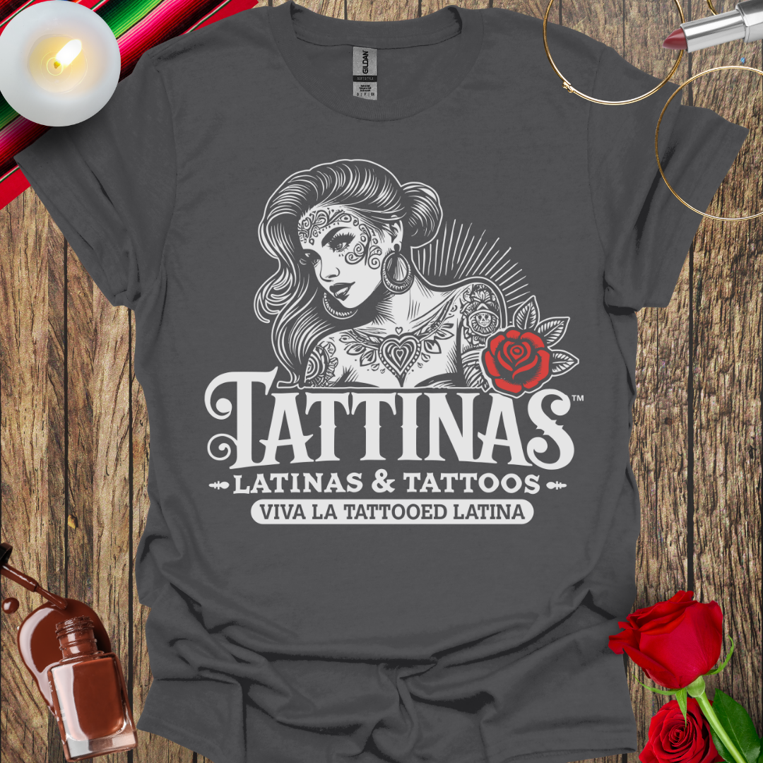 TATTINAS™ Latinas & Tattoos – Classic Portrait with Rose Viva La Tattooed Latina Highlight Edition T-Shirt (Light Print) More Available Colors