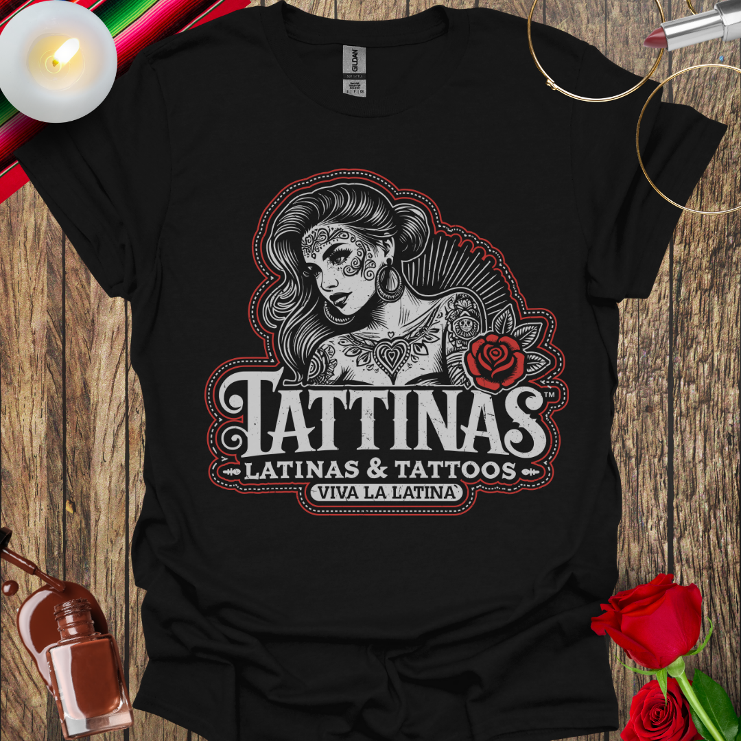 TATTINAS™ Latinas & Tattoos – Classic Portrait with Rose – Viva La Latina Red Outline Edition T-Shirt (Light Print) More Colors Available