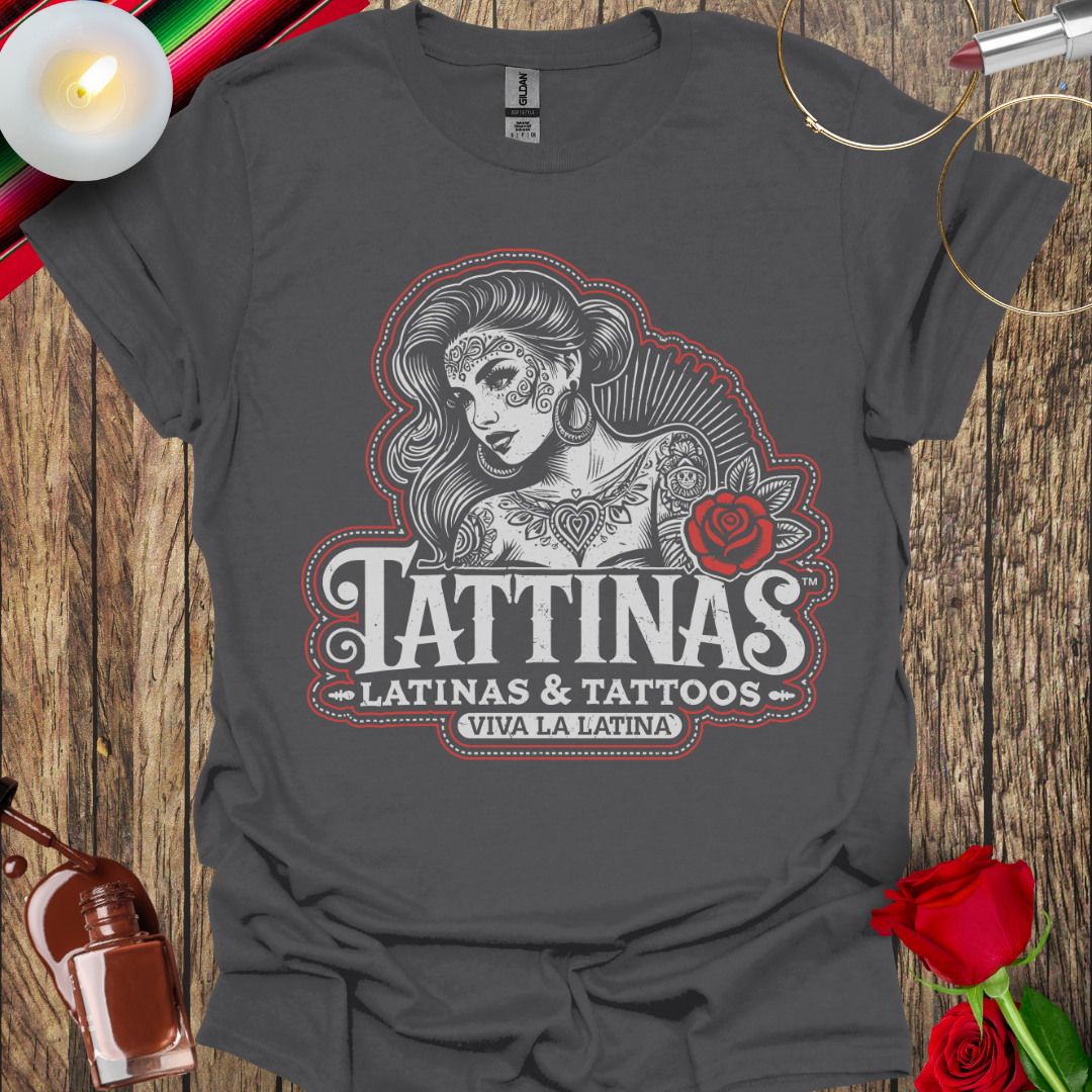 TATTINAS™ Latinas & Tattoos – Classic Portrait with Rose – Viva La Latina Red Outline Edition T-Shirt (Light Print) More Colors Available
