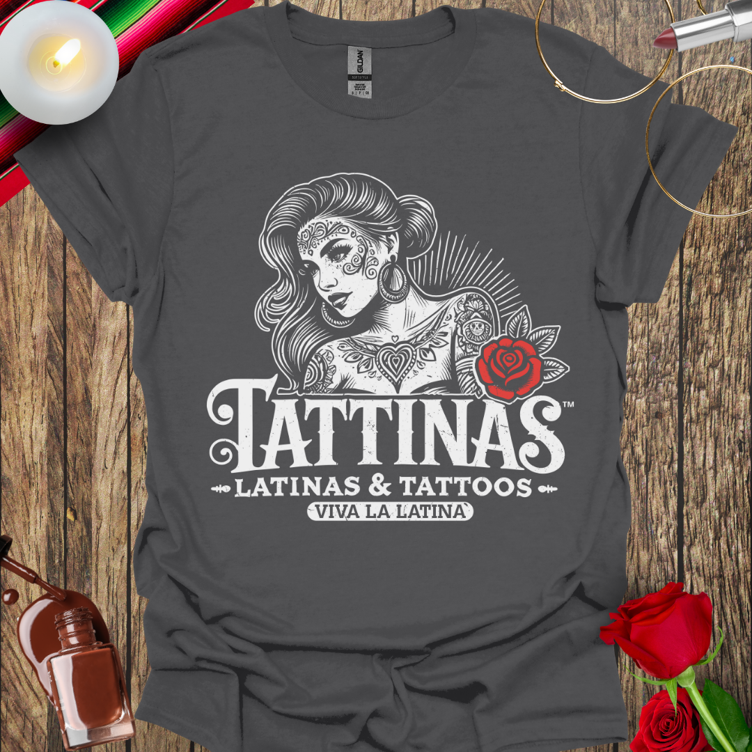 TATTINAS™ Latinas & Tattoos – Classic Portrait with Rose – Viva La Latina Highlight Edition T-Shirt (Light Print) More Colors Available