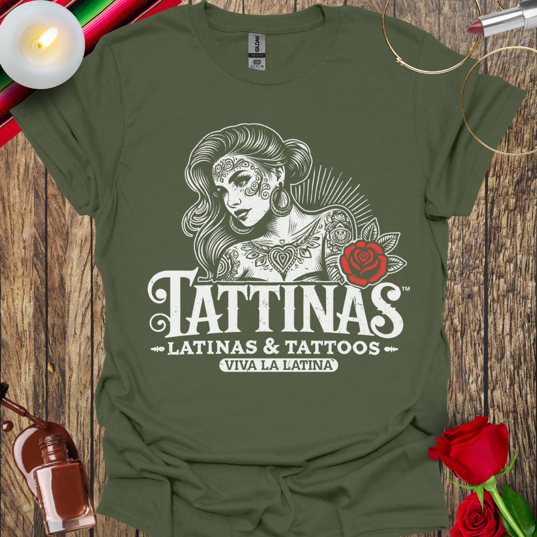 TATTINAS™ Latinas & Tattoos – Classic Portrait with Rose – Viva La Latina Highlight Edition T-Shirt (Light Print) More Colors Available