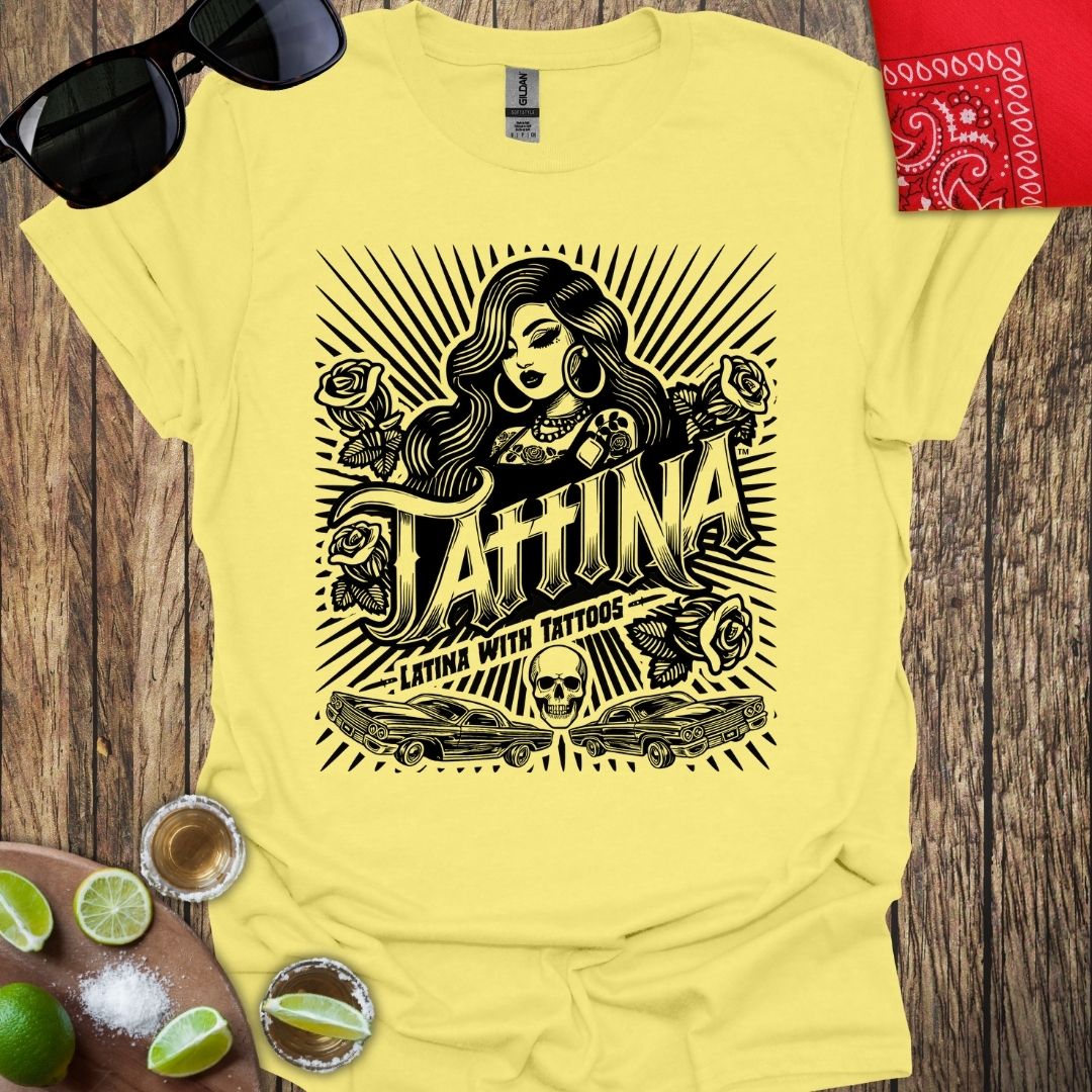 TATTINA™ Latina with Tattoos - Chola Style with Cars T-shirt (Dark Print) More Colors Available