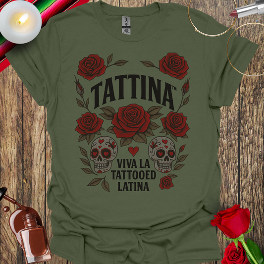 TATTINA™ Viva La Tattooed Latina – Sugar Skulls & Roses T-Shirt (Dark Print) More Colors Available
