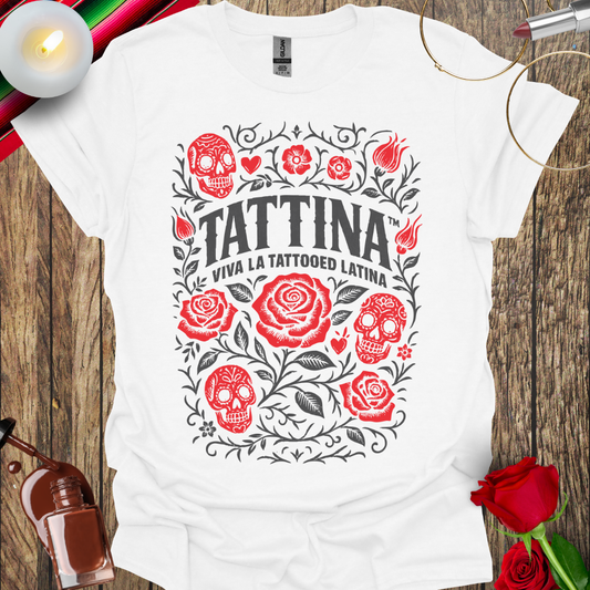 TATTINA™ Viva La Tattooed Latina – Roses & Skulls Heritage T-Shirt (Dark Print) More Colors Available