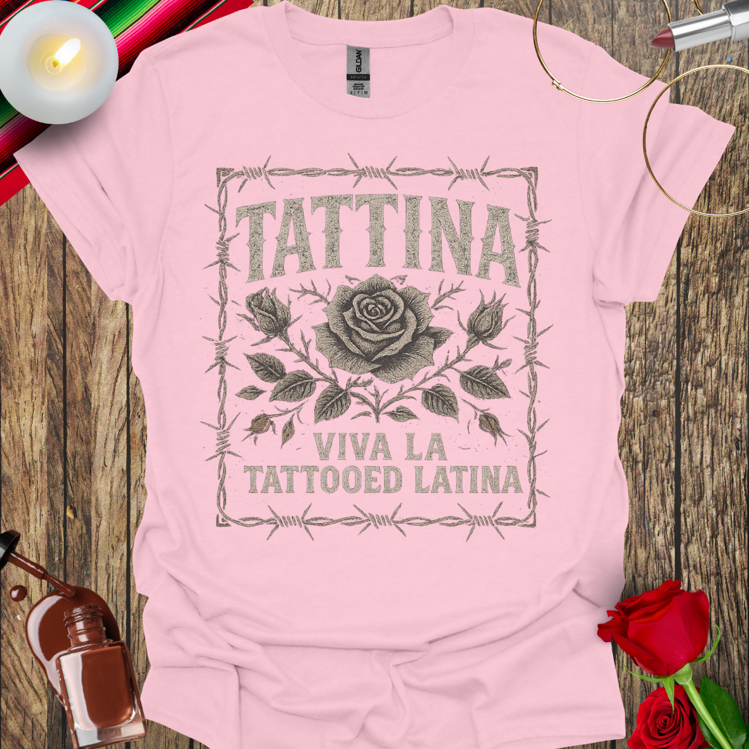 TATTINA™ Viva La Tattooed Latina – Rose & Barbed Wire Frame T-Shirt (Dark Print) More Colors Available