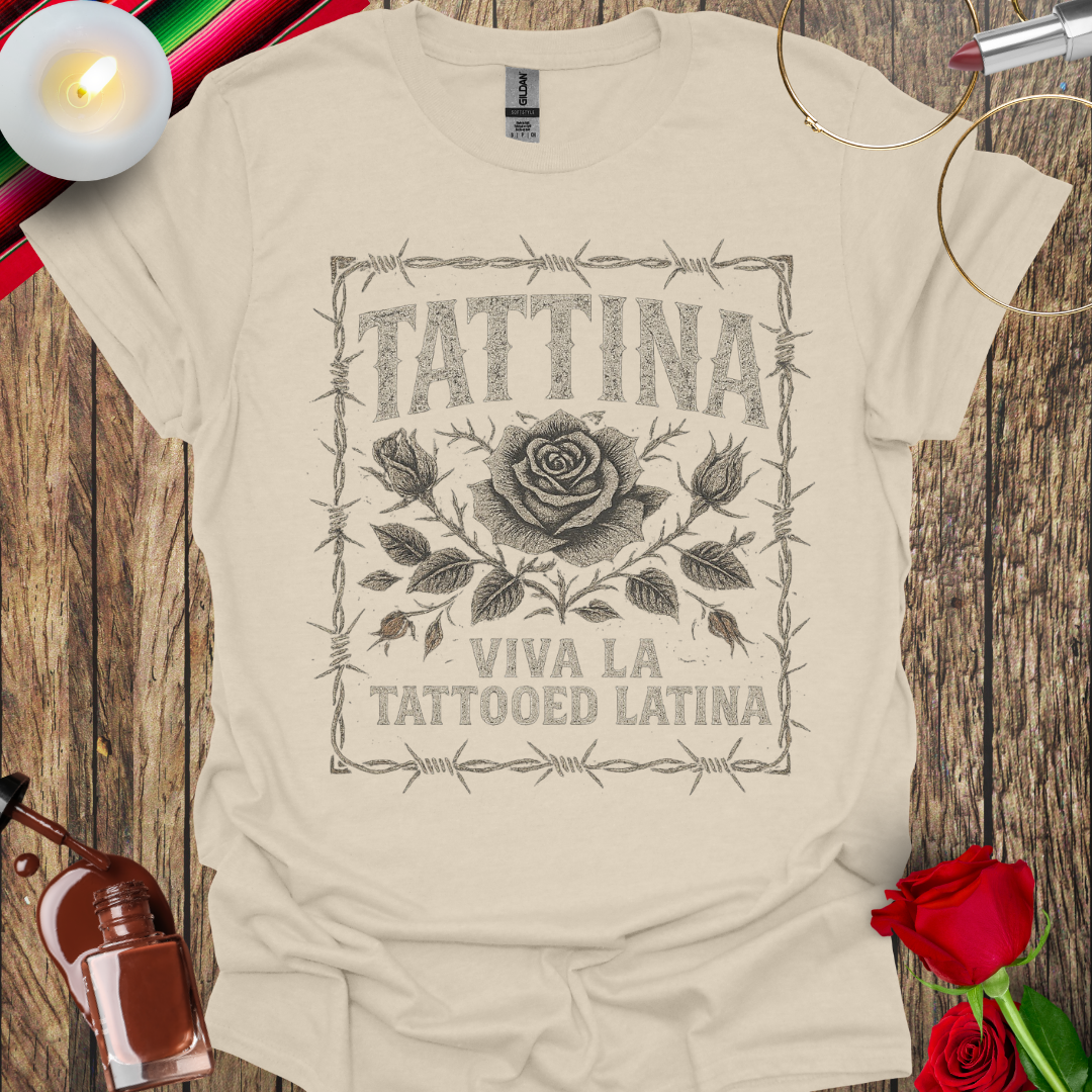 TATTINA™ Viva La Tattooed Latina – Rose & Barbed Wire Frame T-Shirt (Dark Print) More Colors Available