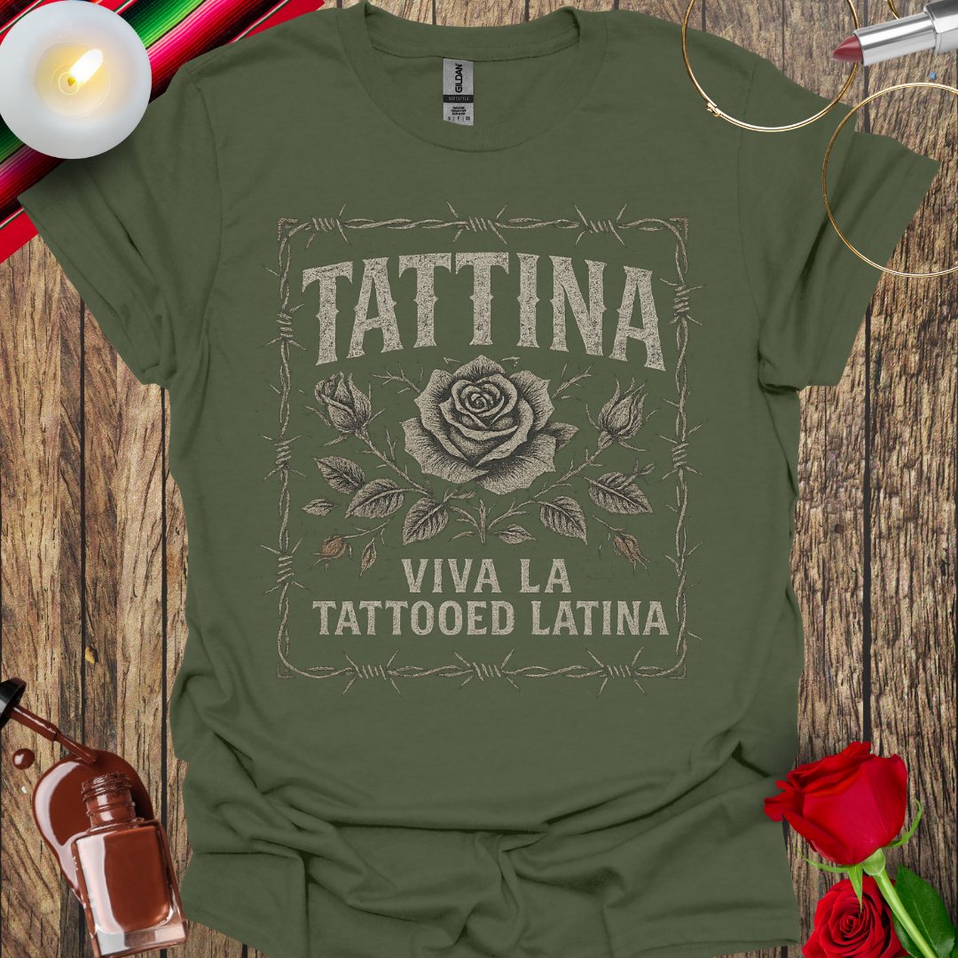 TATTINA™ Viva La Tattooed Latina – Rose & Barbed Wire Frame T-Shirt (Dark Print) More Colors Available