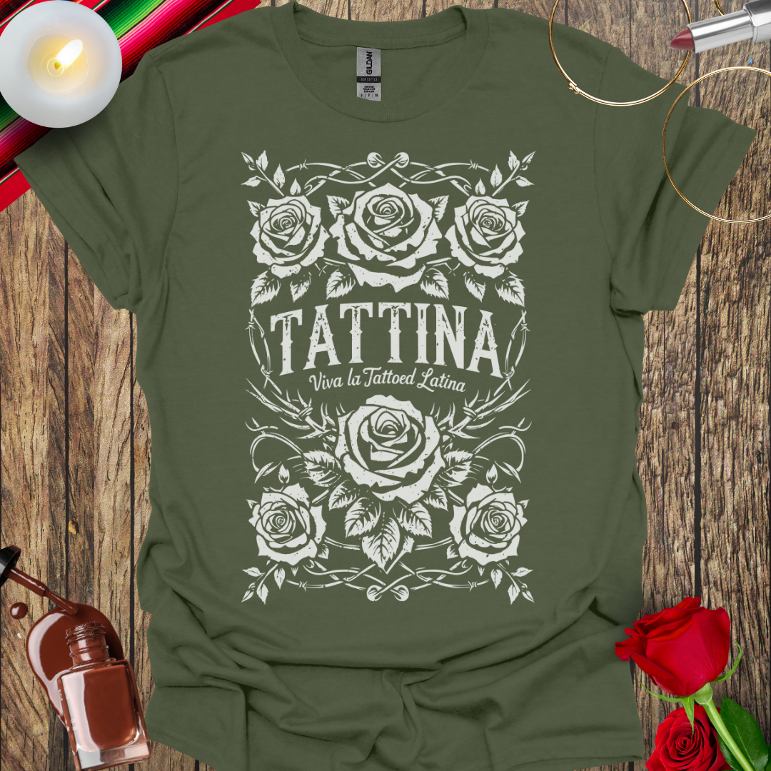 TATTINA™ Viva La Tattooed Latina – Full Rose Cluster & Barbed Wire T-Shirt (Light Print) More Colors Available