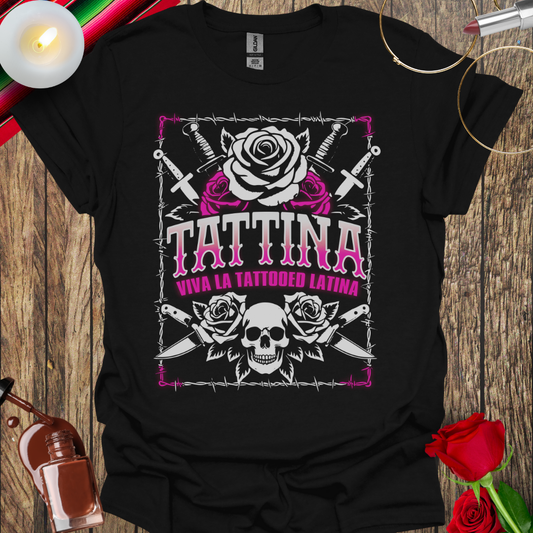 TATTINA™ Viva La Tattooed Latina – Neon Pink Skulls & Roses T-Shirt (Light Print) More Colors Available