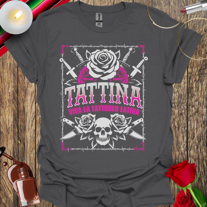 TATTINA™ Viva La Tattooed Latina – Neon Pink Skulls & Roses T-Shirt (Light Print) More Colors Available