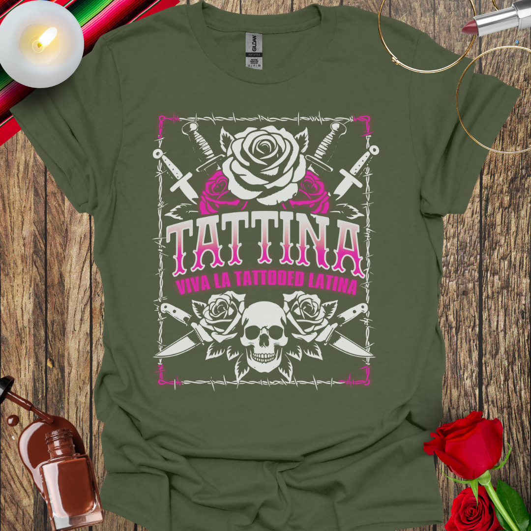 TATTINA™ Viva La Tattooed Latina – Neon Pink Skulls & Roses T-Shirt (Light Print) More Colors Available