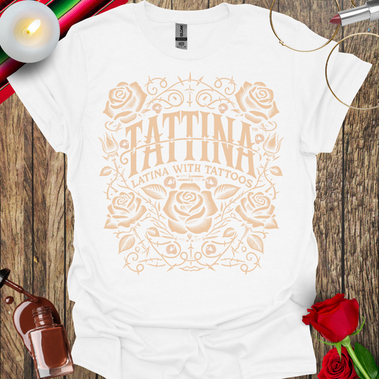 TATTINA™ Latina with Tattoos – Rose and Thorns T-Shirt (Light Tan Print) More Colors Available