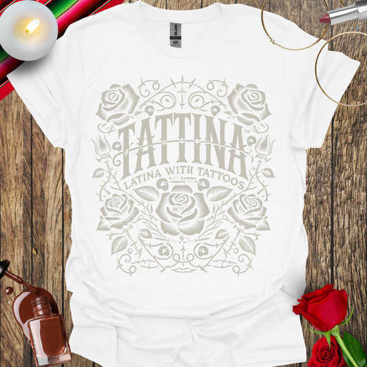 TATTINA™ Latina with Tattoos – Rose and Thorns T-Shirt (Light Gray Print) More Colors Available