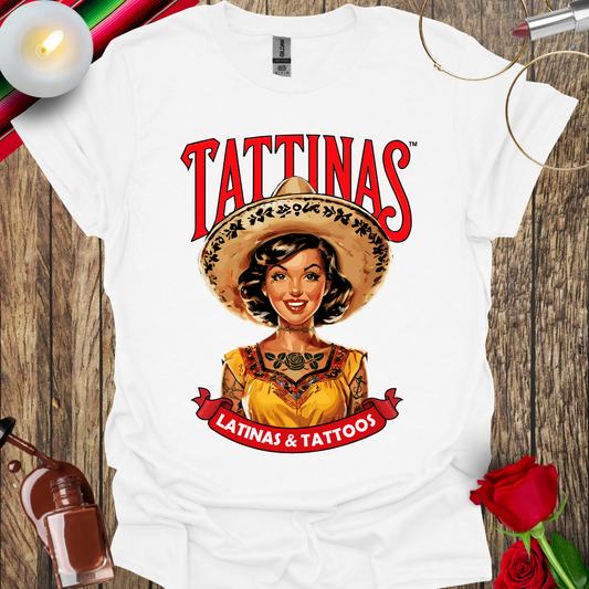 TATTINAS™ Latinas & Tattoos - Classic Portrait Parody T-shirt (Black Outline) More Colors Available