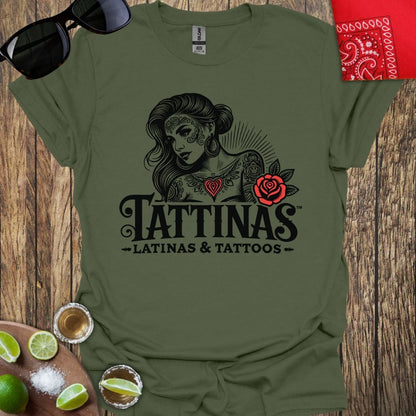 TATTINAS™ Latinas & Tattoos - Classic Portrait with Rose T-shirt (Dark Print) More Colors Available